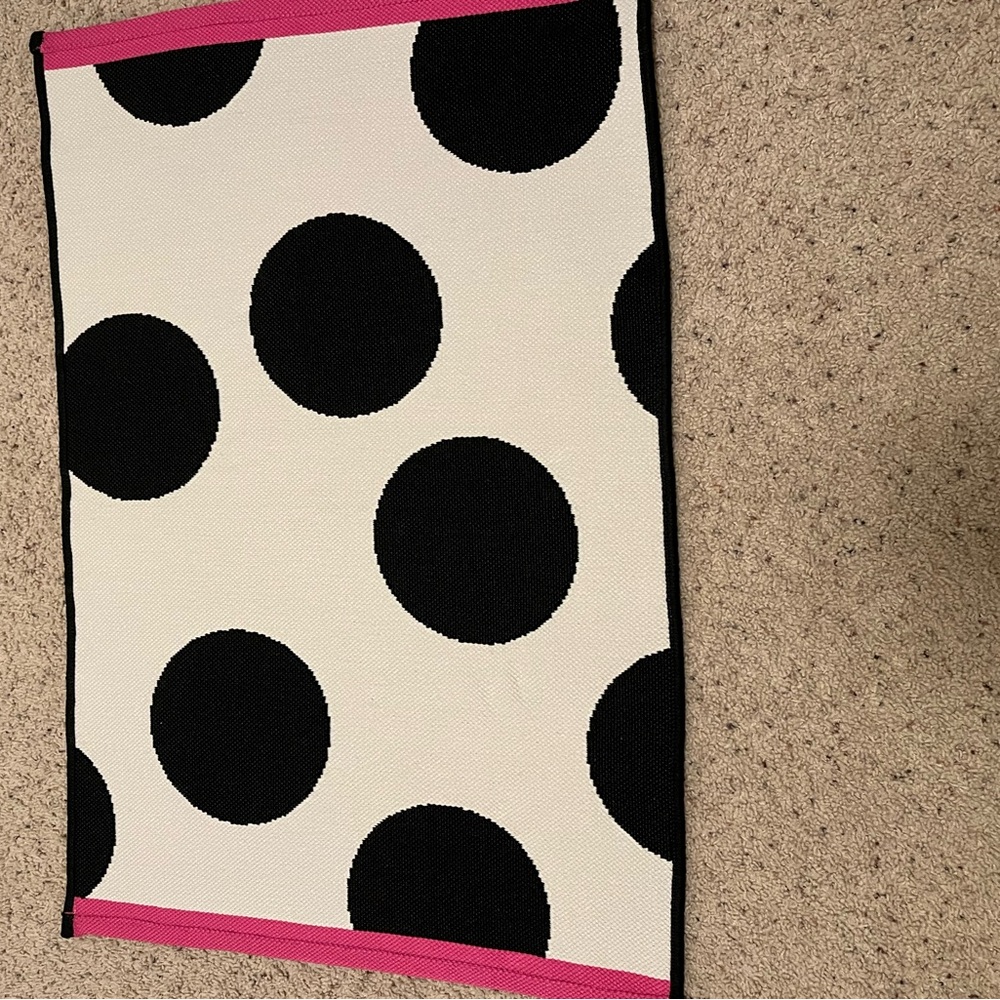 Black and White Polka Dot Rug with Pink Trim